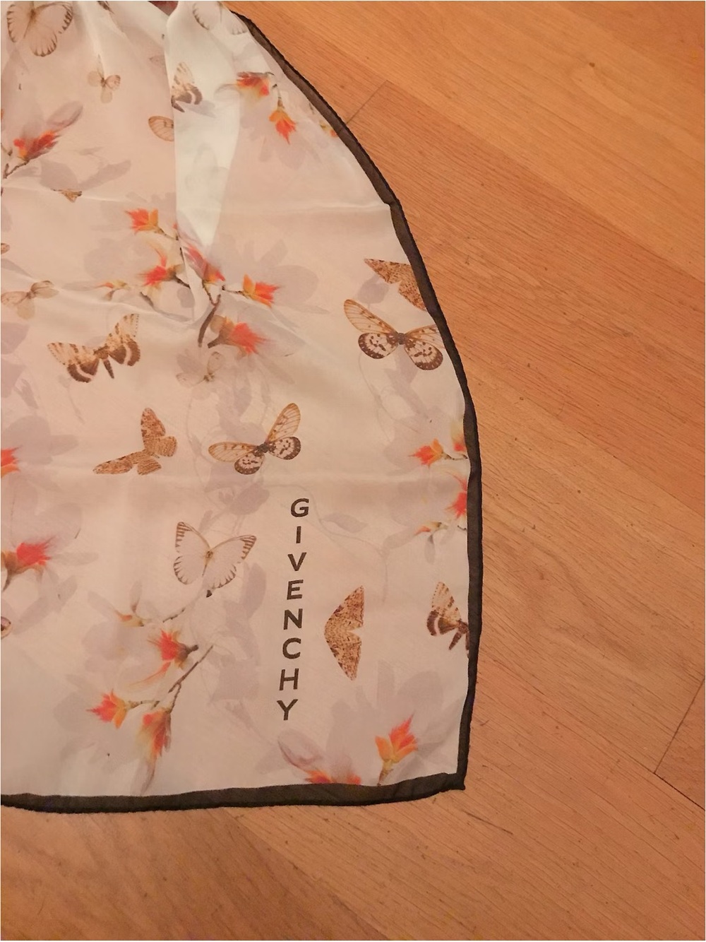 Authentic Givenchy Silk Scarf Stole Orange Floral Brown Butterfly Print Motif